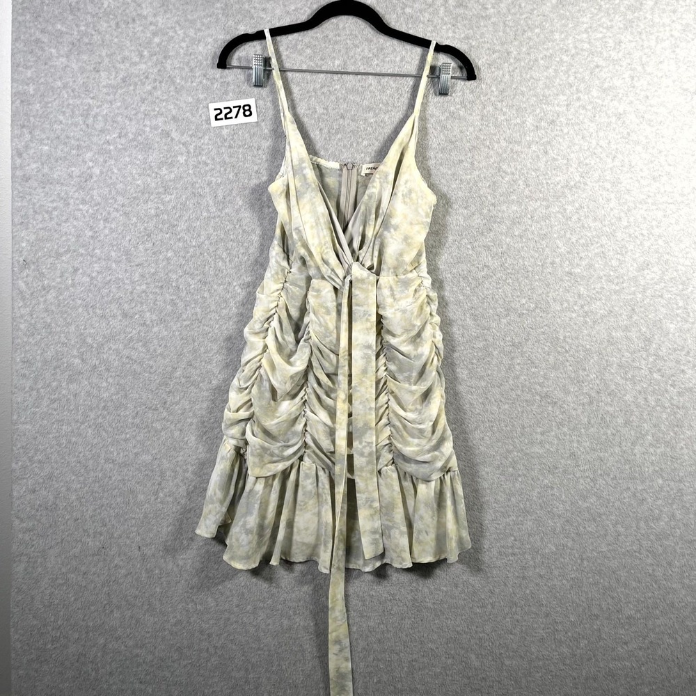 French Kiss Mini Dress Women Medium Yellow Gray Floral Ruched Tie Front Back Zip